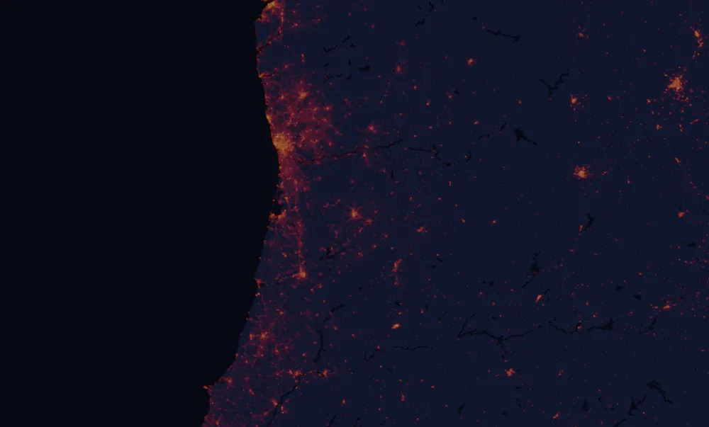NASA satellite night-lights map of Viseu with every place marked