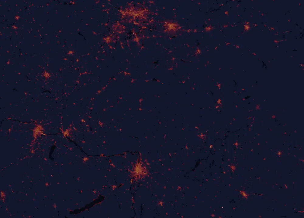 NASA satellite night-lights map of Banská Bystrica Region with every place marked