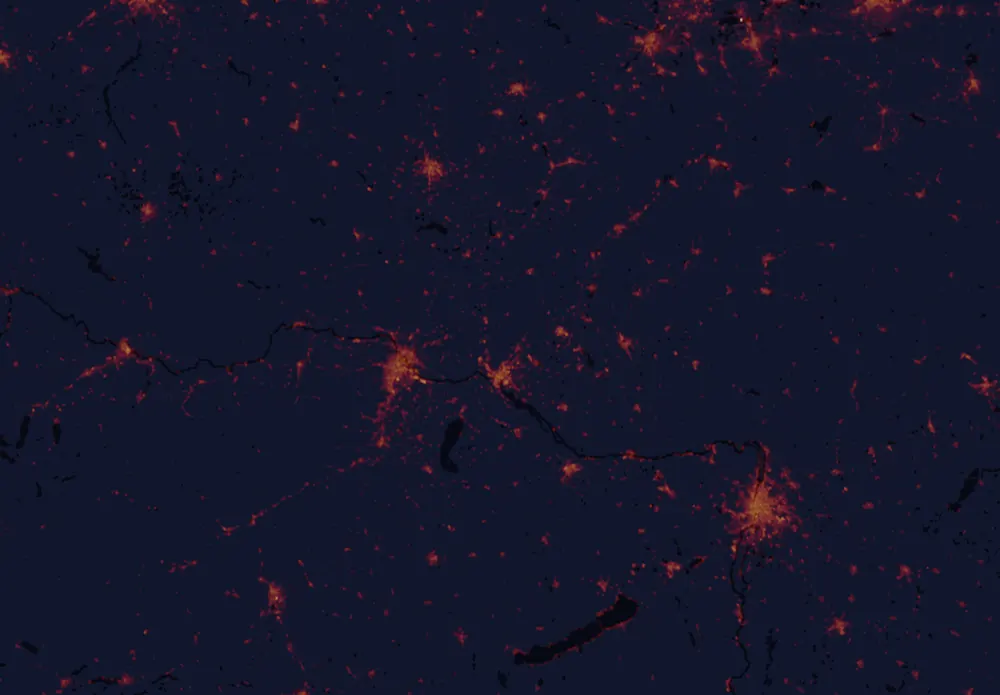 NASA satellite night-lights map of Bratislava Region with every place marked