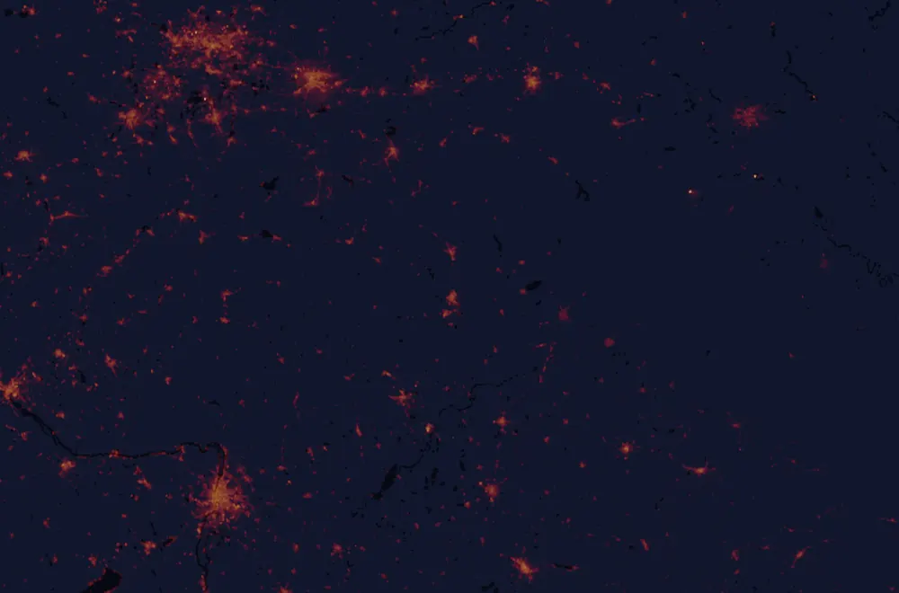 NASA satellite night-lights map of Košice Region with every place marked