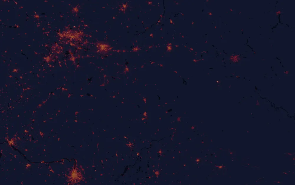 NASA satellite night-lights map of Prešov Region with every place marked