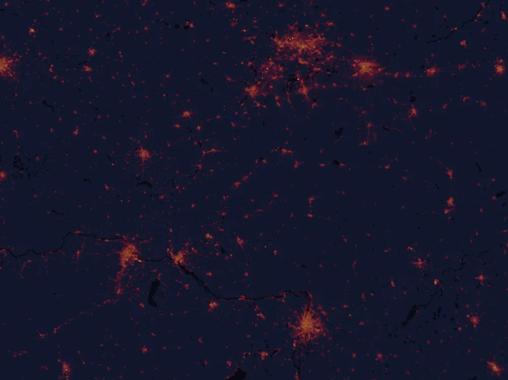 NASA satellite night-lights map of Trenčín Region with every place marked