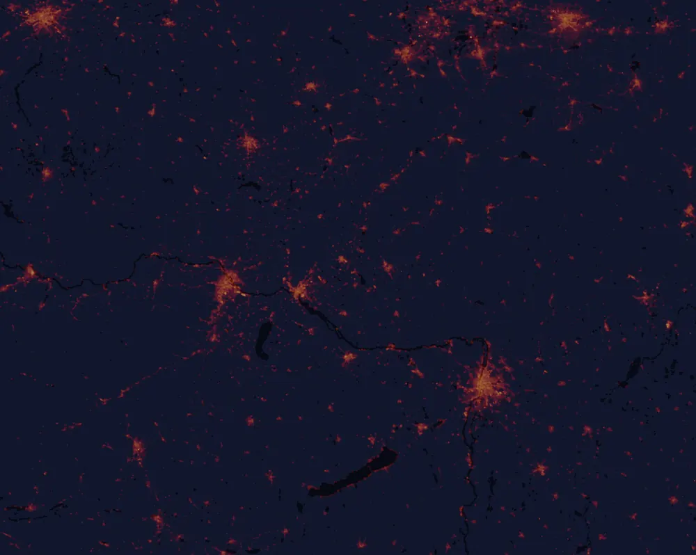 NASA satellite night-lights map of Trnava Region with every place marked