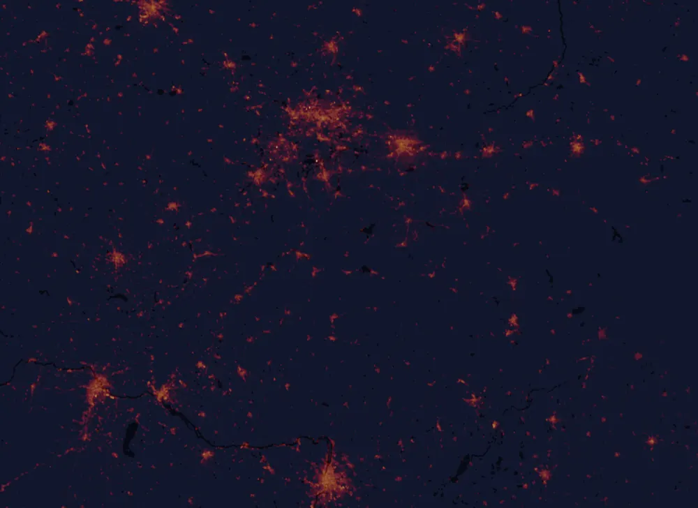 NASA satellite night-lights map of Žilina Region with every place marked