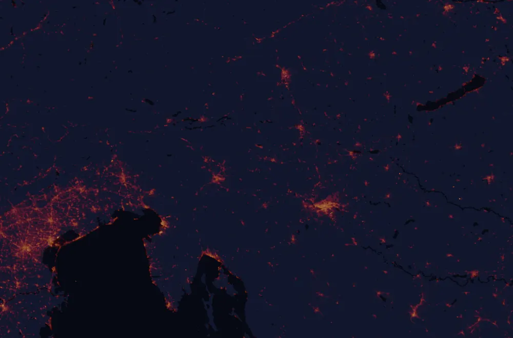NASA satellite night-lights map of Central Sava with every place marked