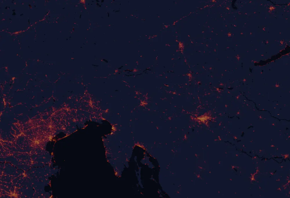 NASA satellite night-lights map of Central Slovenia with every place marked