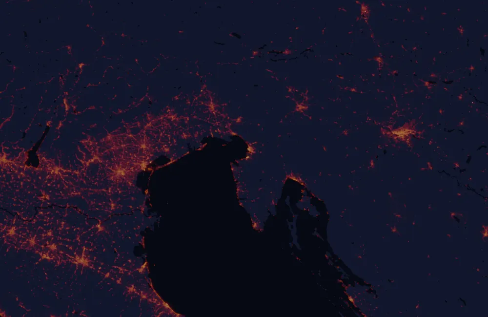 NASA satellite night-lights map of Coastal-Karst with every place marked
