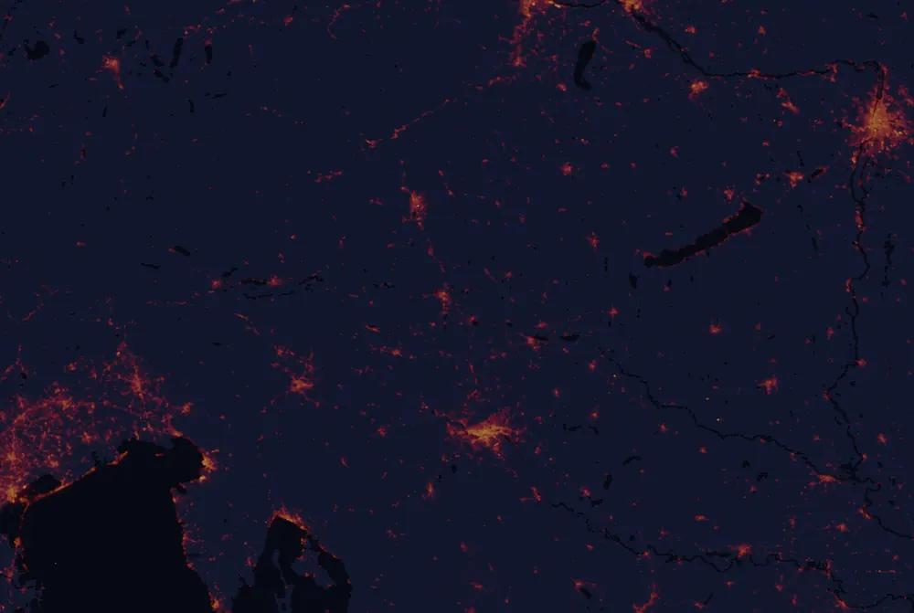NASA satellite night-lights map of Drava with every place marked
