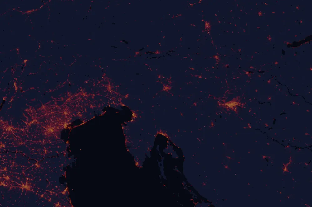 NASA satellite night-lights map of Littoral-Inner Carniola with every place marked