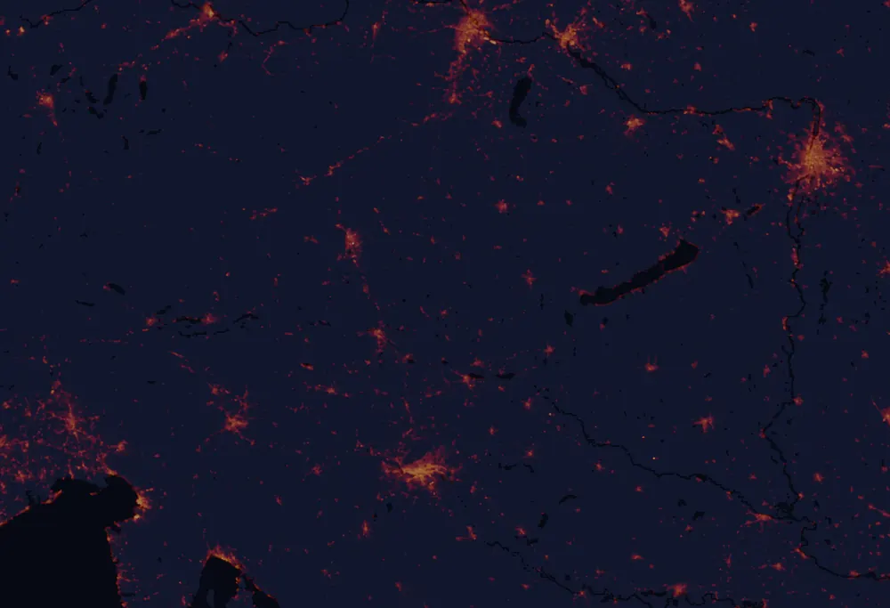 NASA satellite night-lights map of Mura with every place marked
