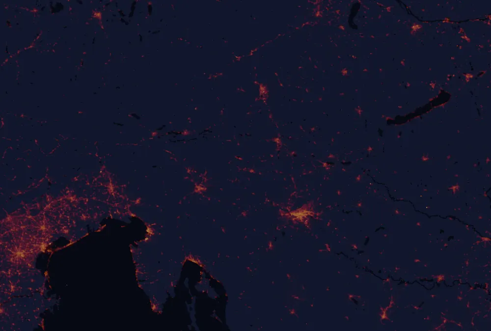 NASA satellite night-lights map of Savinja with every place marked