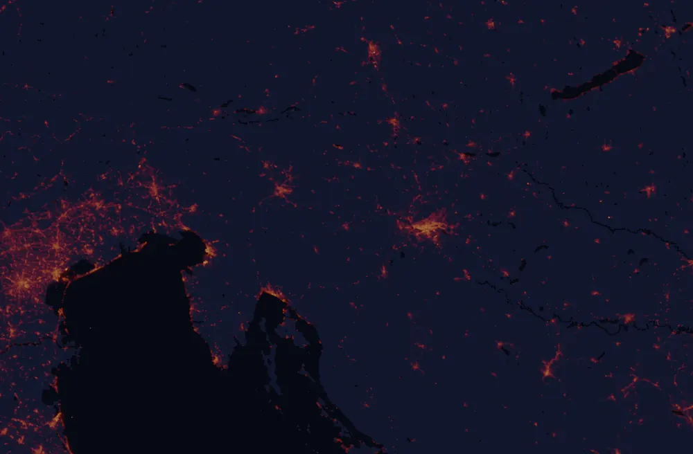 NASA satellite night-lights map of Southeast Slovenia with every place marked