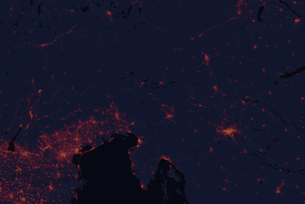 NASA satellite night-lights map of Upper Carniola with every place marked
