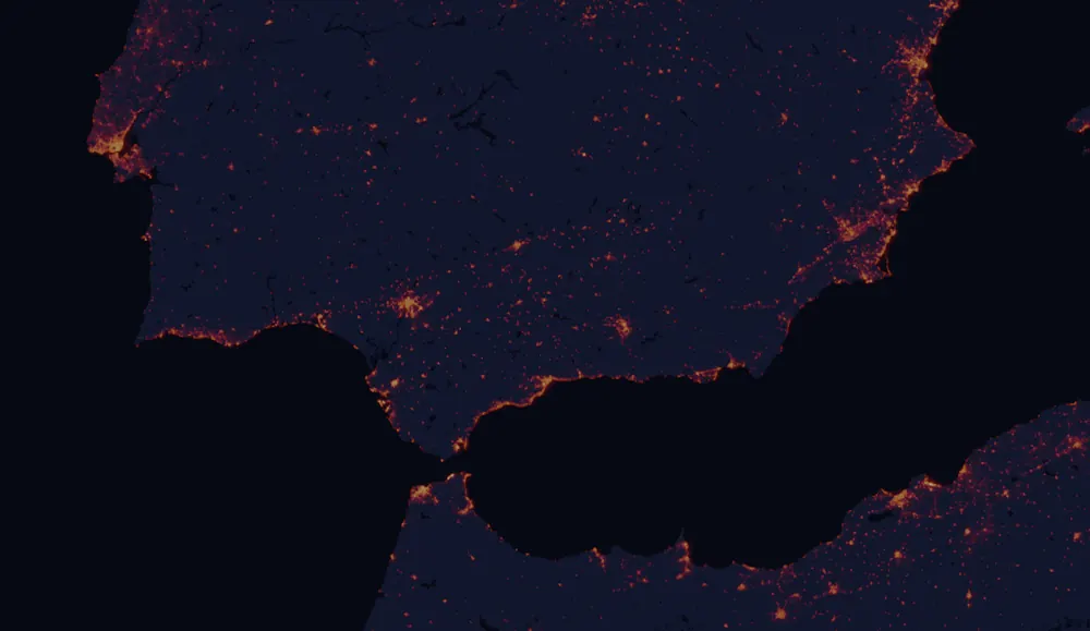 NASA satellite night-lights map of Andalusia with every place marked