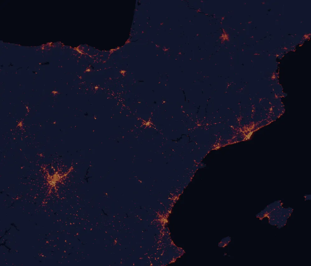 NASA satellite night-lights map of Aragon with every place marked