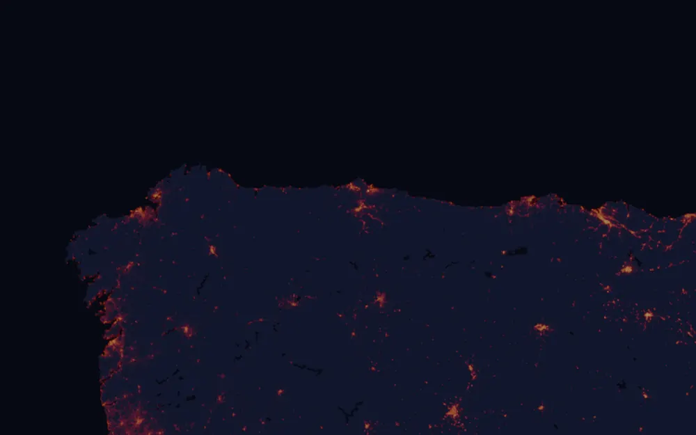 NASA satellite night-lights map of Asturias with every place marked