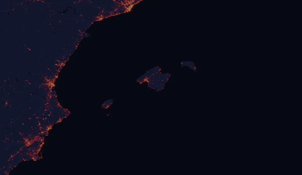 NASA satellite night-lights map of Balearic Islands with every place marked