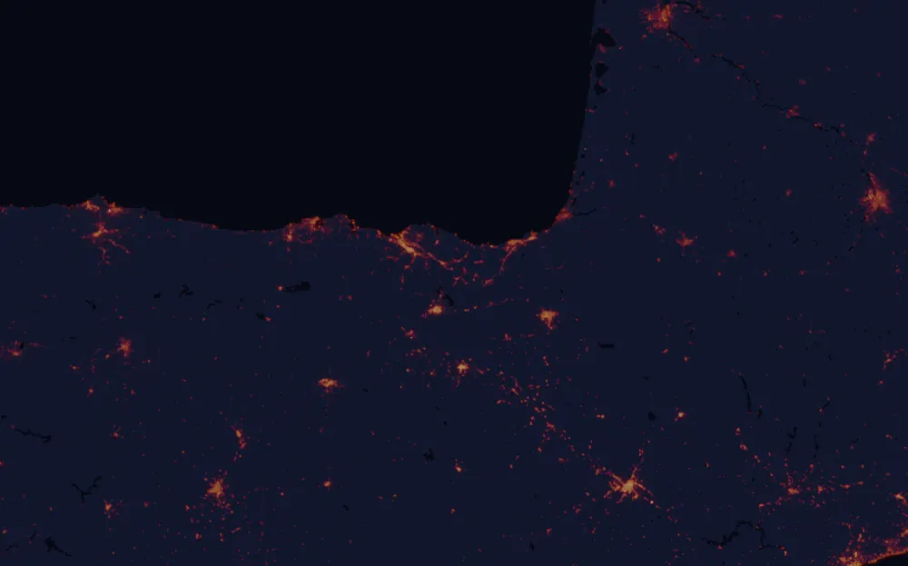 NASA satellite night-lights map of Basque Country with every place marked