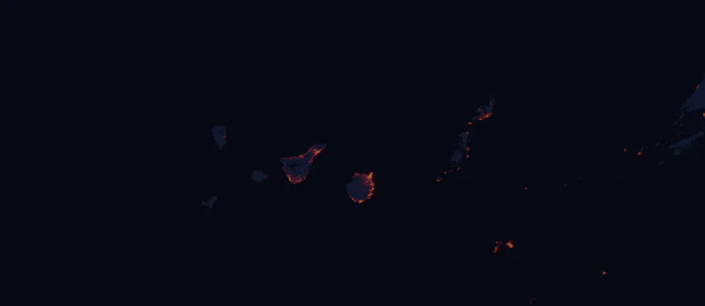 NASA satellite night-lights map of Canary Islands with every place marked