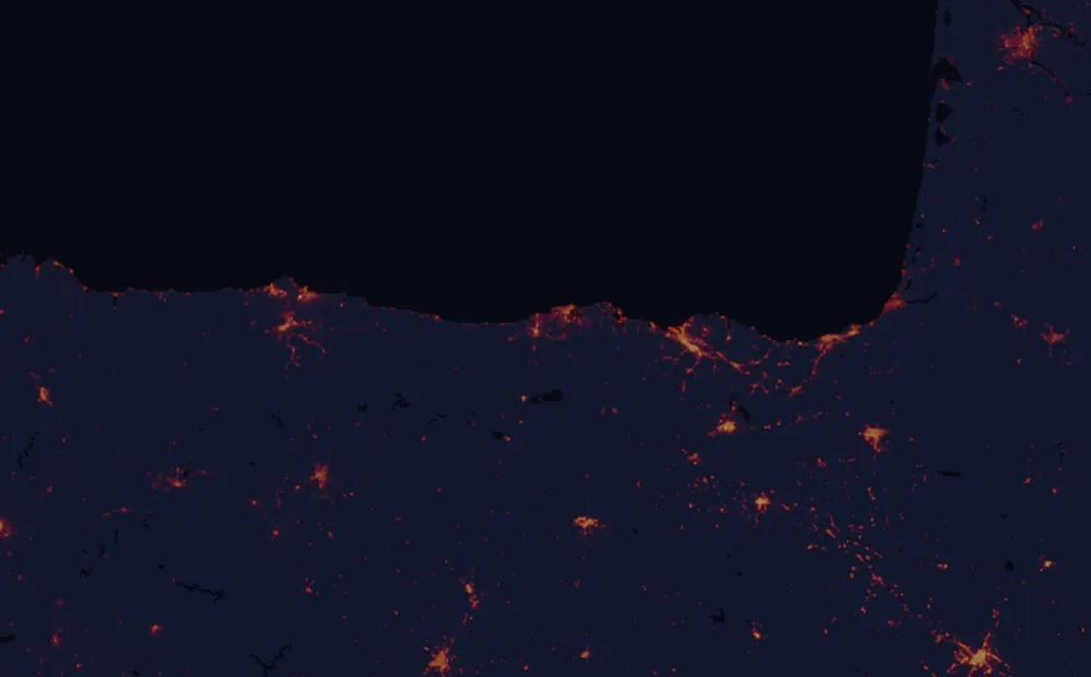 NASA satellite night-lights map of Cantabria with every place marked