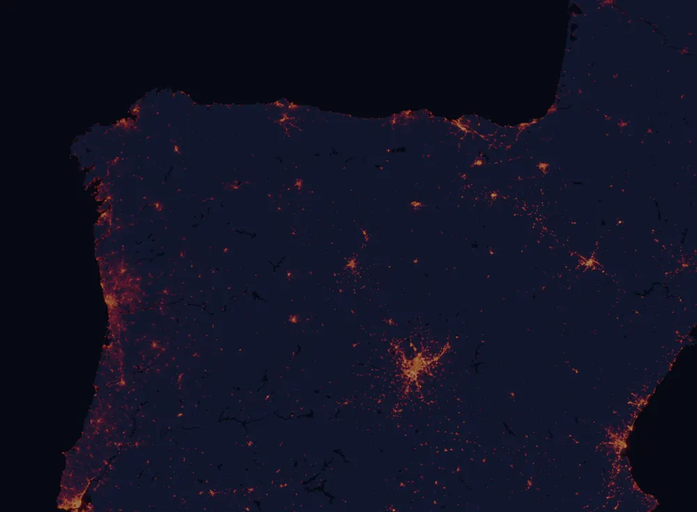 NASA satellite night-lights map of Castile and León with every place marked