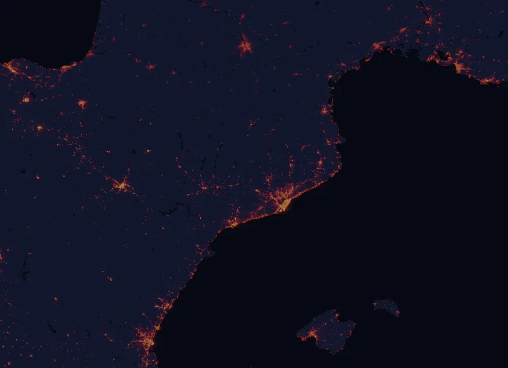 NASA satellite night-lights map of Catalonia with every place marked