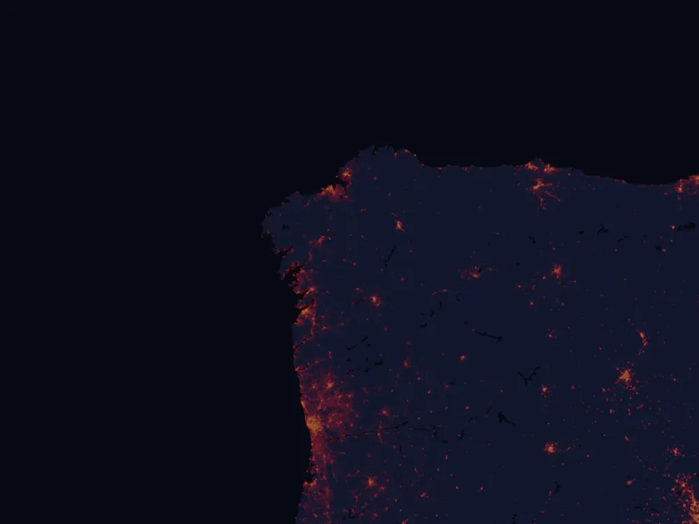 NASA satellite night-lights map of Galicia with every place marked
