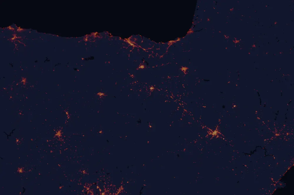 NASA satellite night-lights map of La Rioja with every place marked