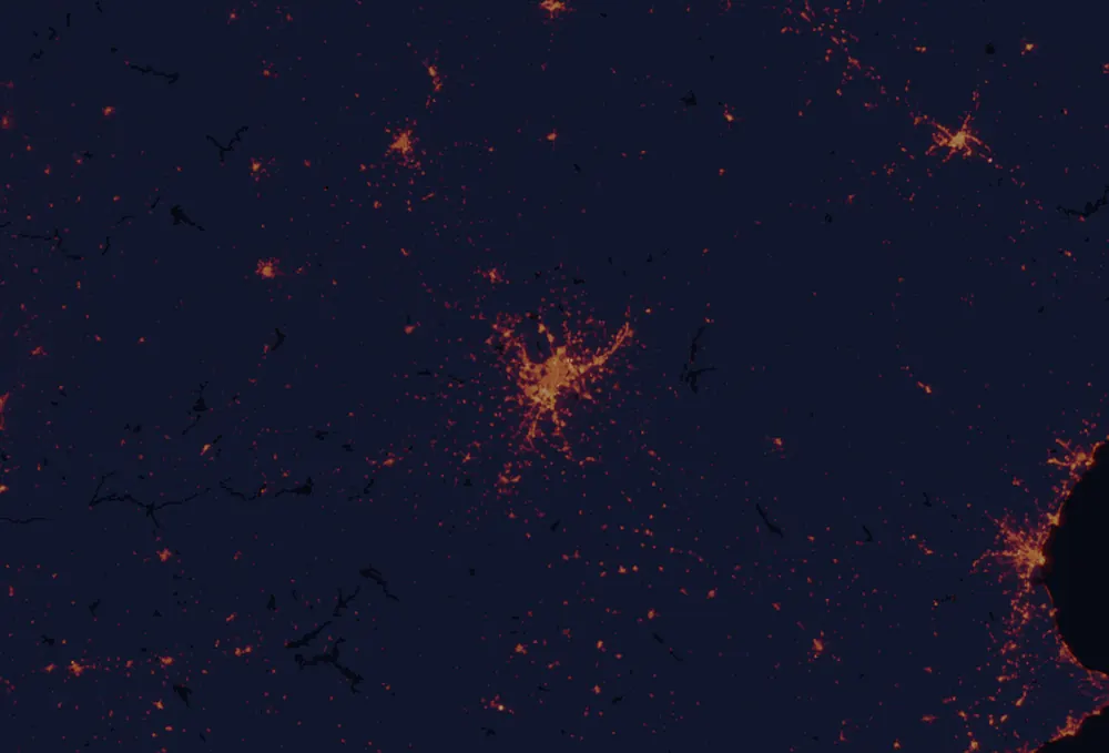 NASA satellite night-lights map of Madrid with every place marked