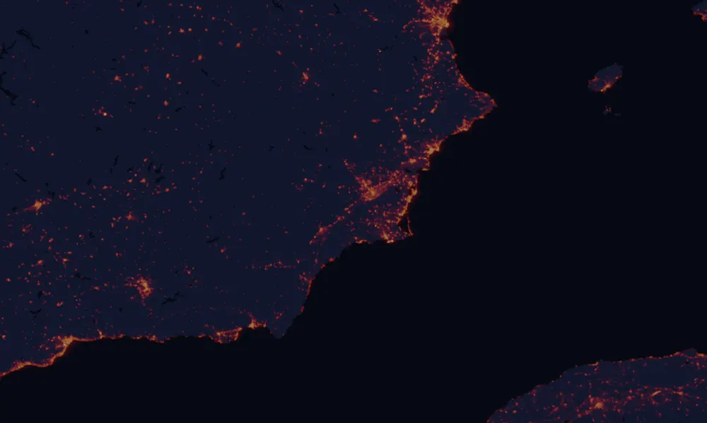 NASA satellite night-lights map of Murcia with every place marked