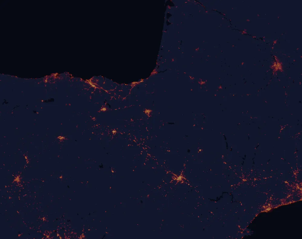 NASA satellite night-lights map of Navarre with every place marked