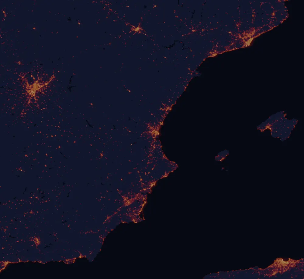 NASA satellite night-lights map of Valencian Community with every place marked