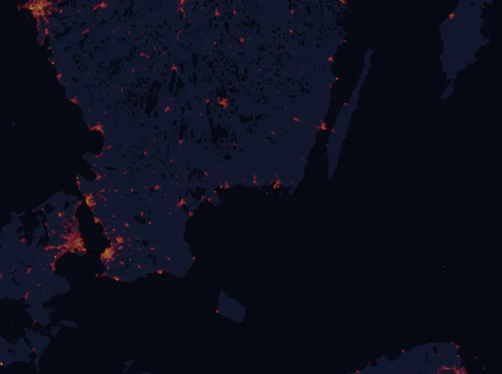NASA satellite night-lights map of Blekinge with every place marked