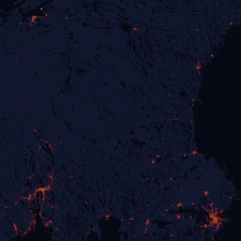 NASA satellite night-lights map of Dalarna with every place marked