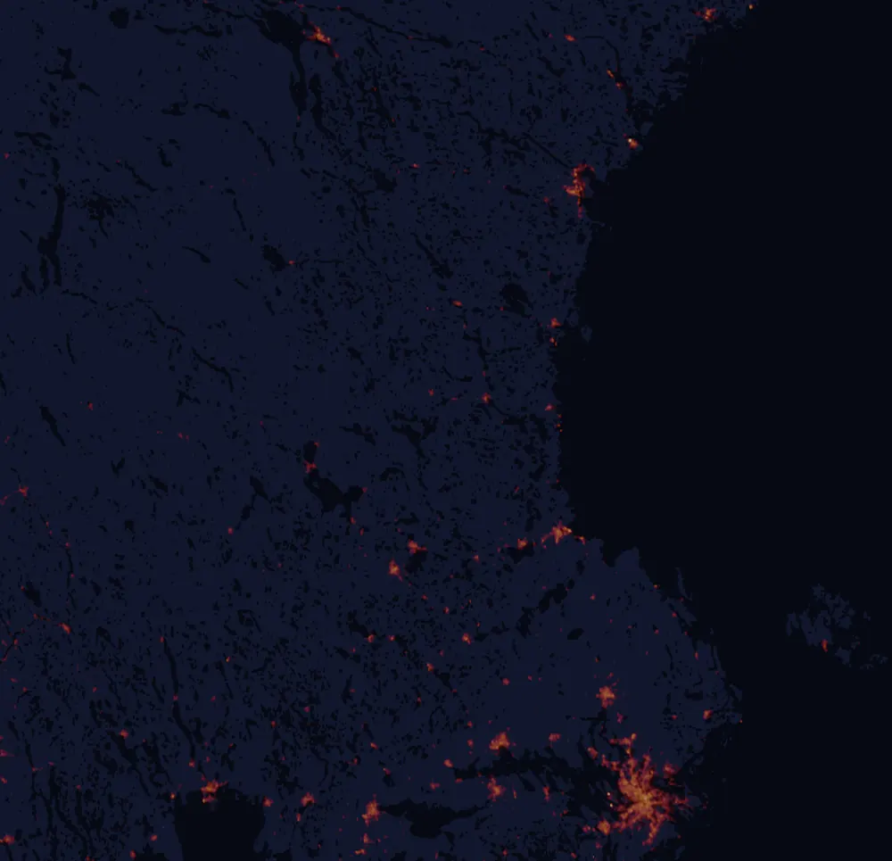 NASA satellite night-lights map of Gävleborg with every place marked