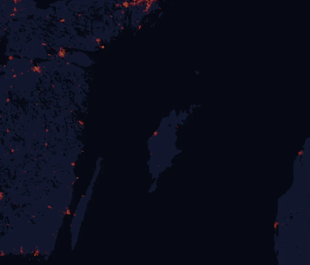 NASA satellite night-lights map of Gotland with every place marked