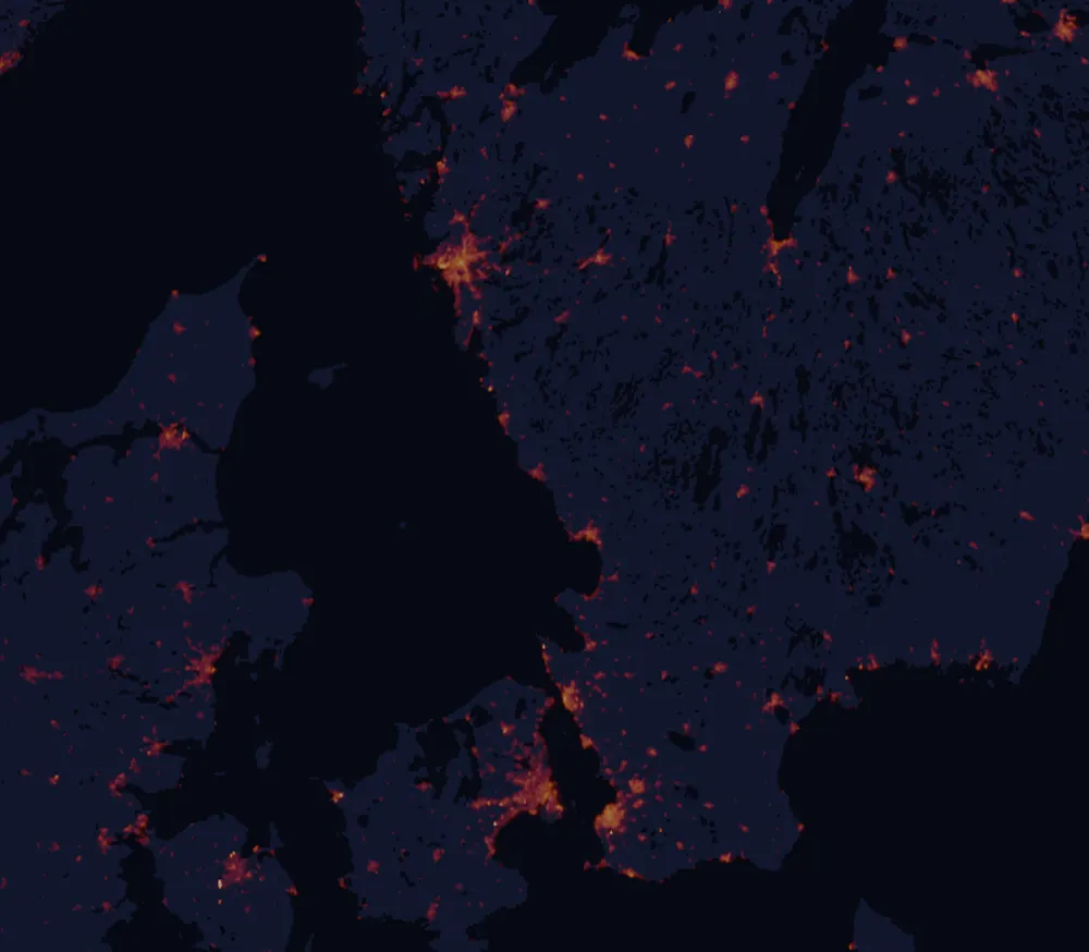 NASA satellite night-lights map of Halland with every place marked