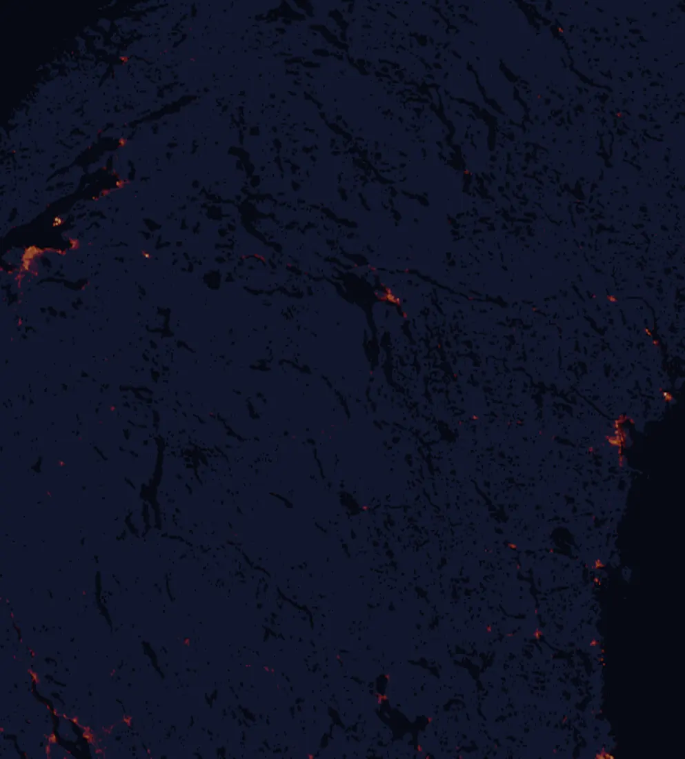 NASA satellite night-lights map of Jämtland with every place marked