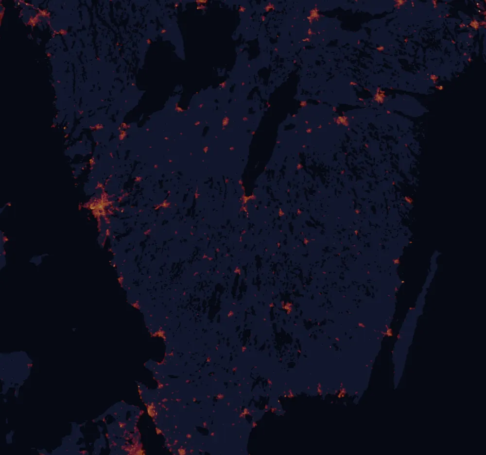 NASA satellite night-lights map of Jönköping with every place marked