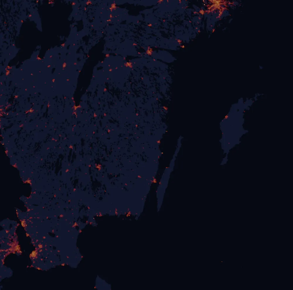 NASA satellite night-lights map of Kalmar with every place marked