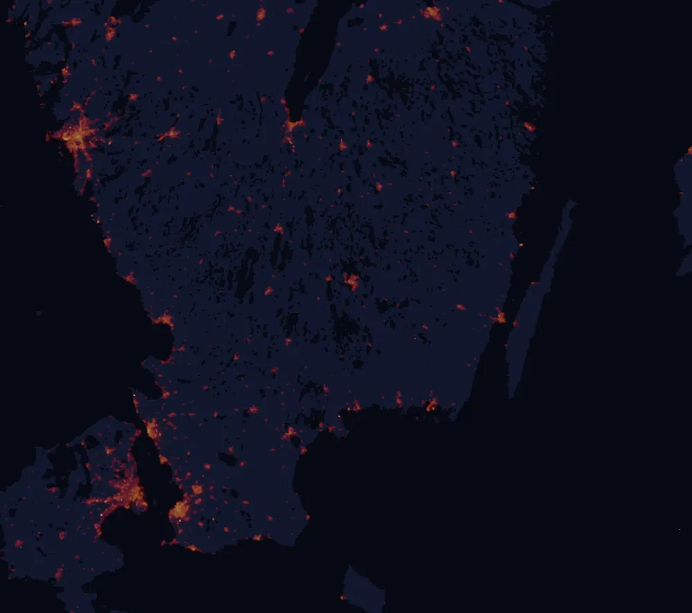 NASA satellite night-lights map of Kronoberg with every place marked