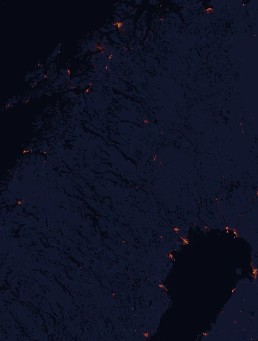 NASA satellite night-lights map of Norrbotten with every place marked