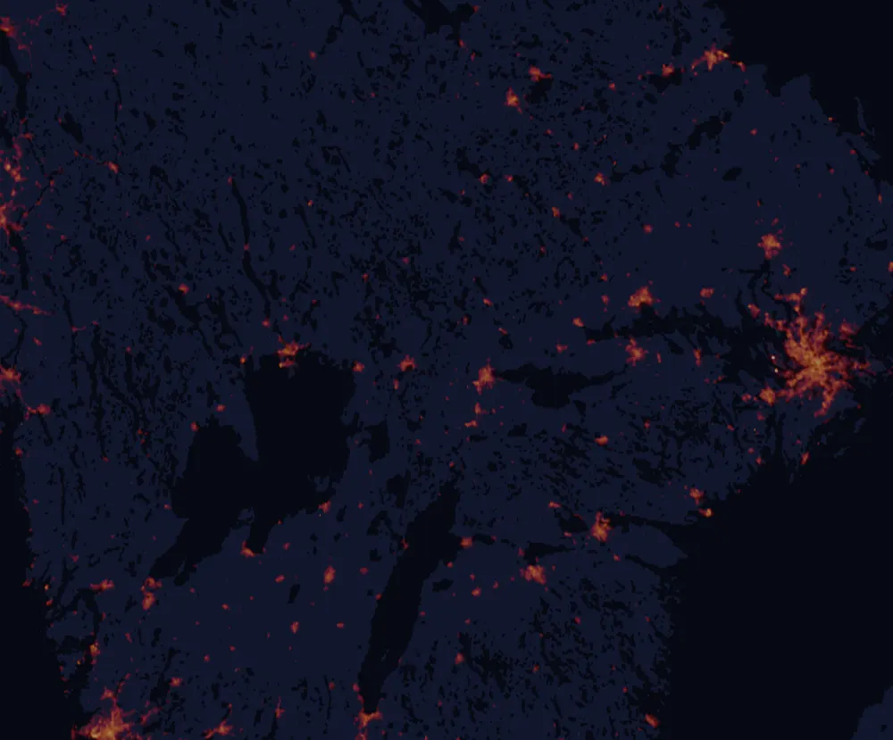 NASA satellite night-lights map of Örebro with every place marked