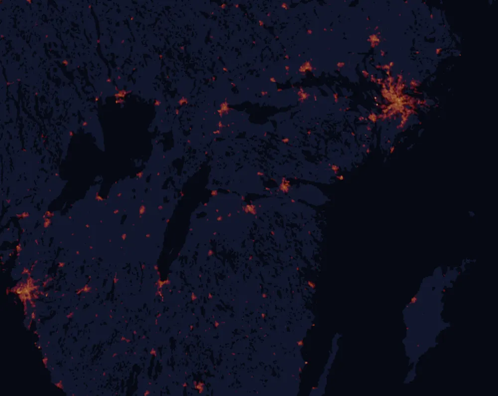 NASA satellite night-lights map of Östergötland with every place marked