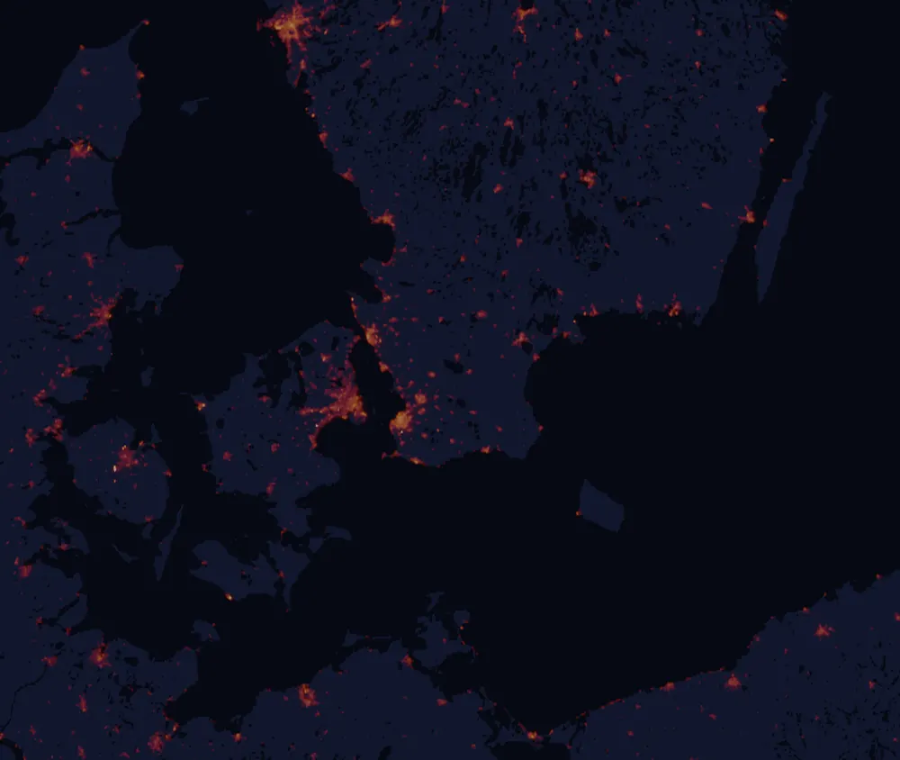 NASA satellite night-lights map of Skåne with every place marked