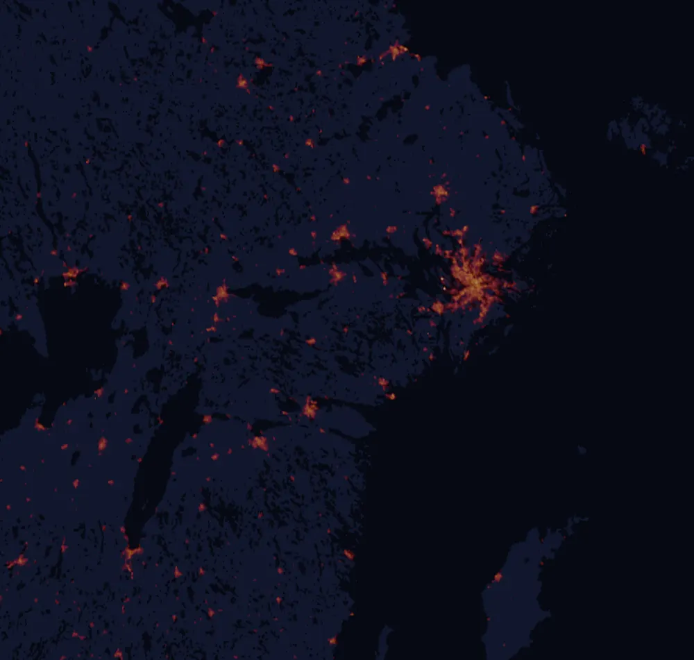 NASA satellite night-lights map of Södermanland with every place marked