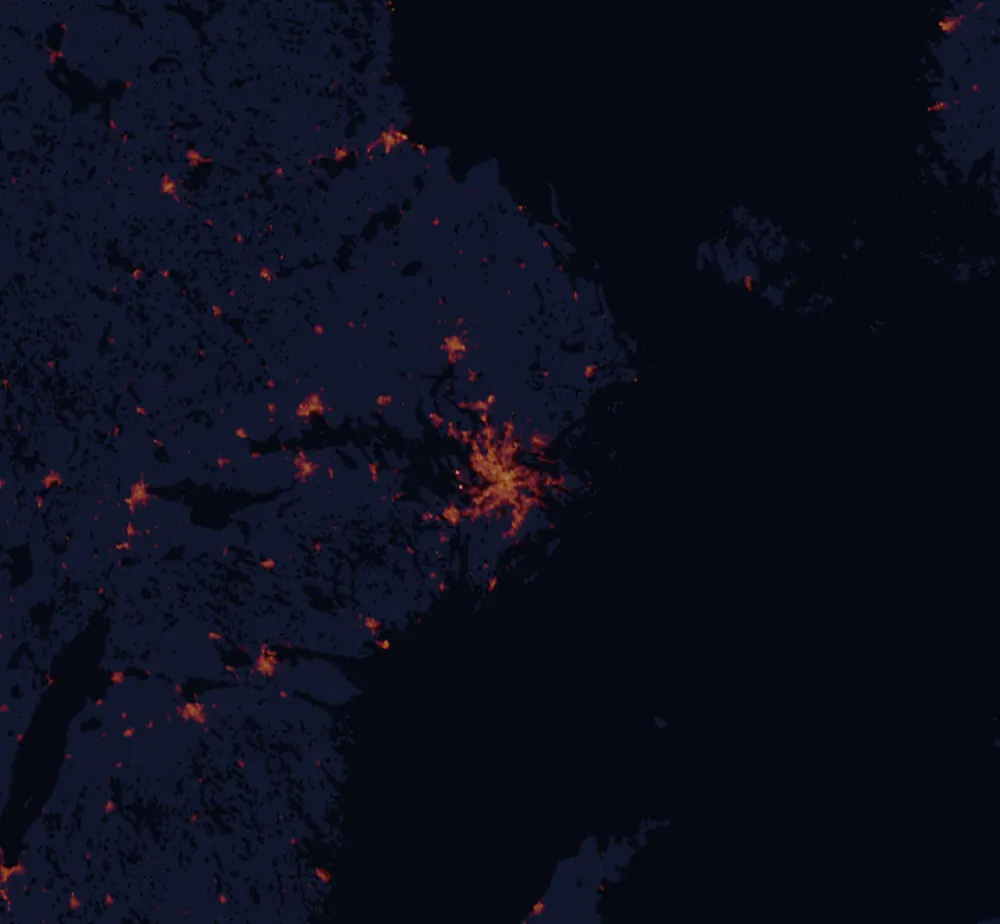 NASA satellite night-lights map of Stockholm with every place marked