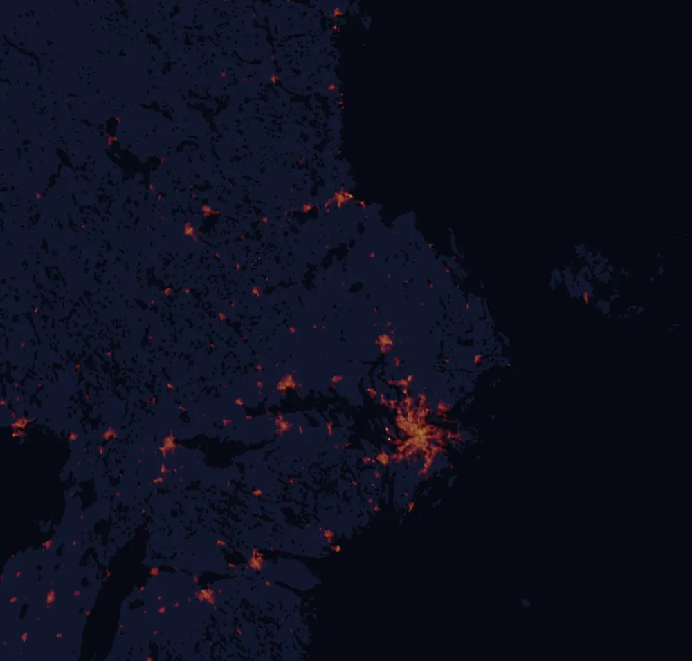 NASA satellite night-lights map of Uppsala with every place marked