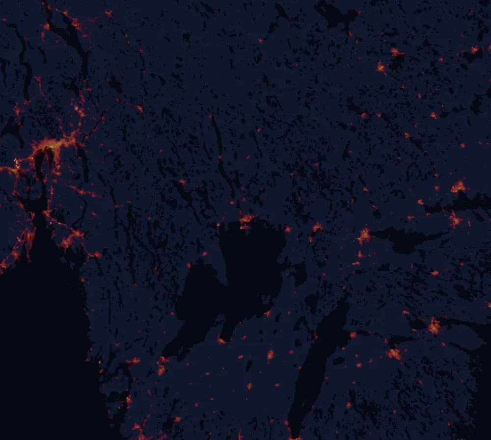 NASA satellite night-lights map of Värmland with every place marked