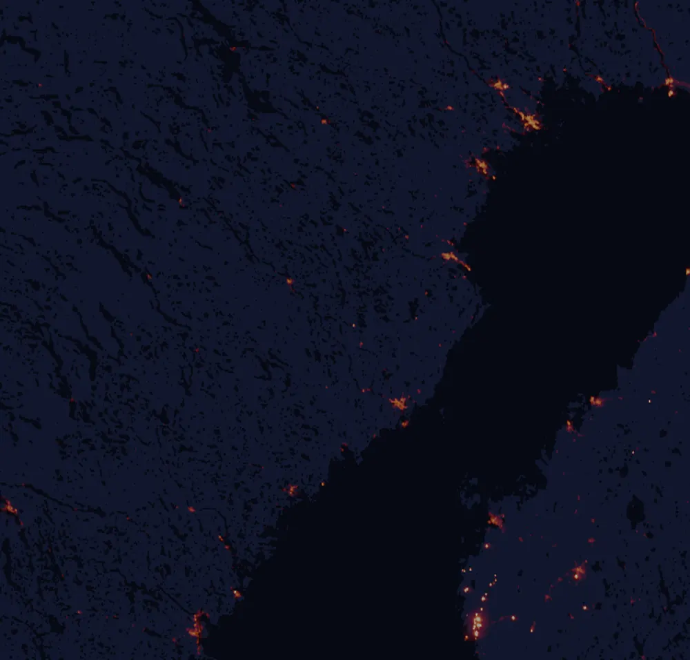 NASA satellite night-lights map of Västerbotten with every place marked